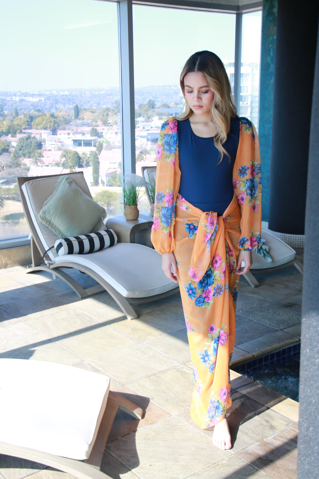 Orange and Navy Bubble Sleeve Bodysuit with Sarong