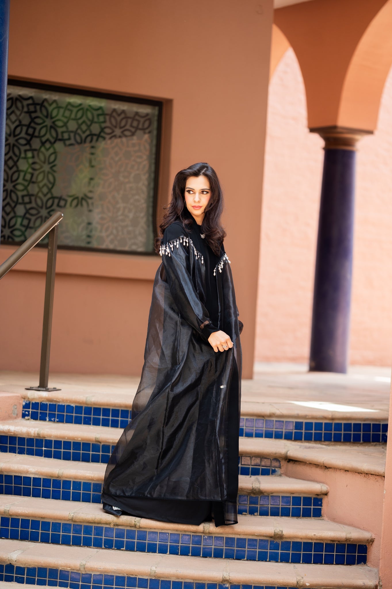Pearl drop bead abaya with organza