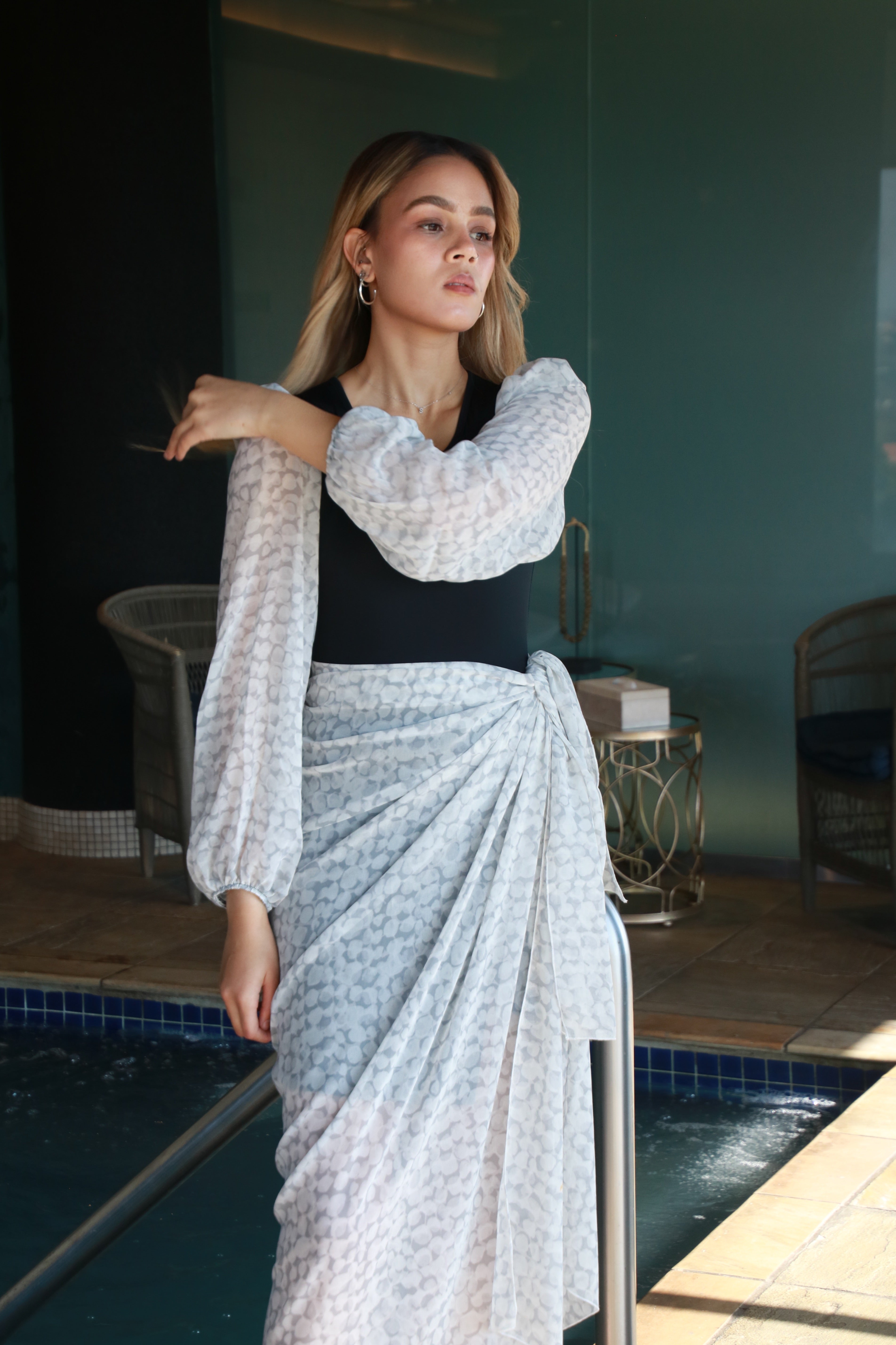 Grey and Black Bubble sleeve Bodysuit with Sarong