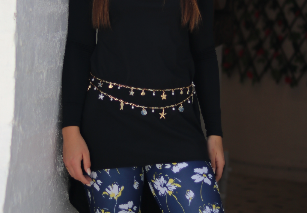 Pearls and Blue Charms Linked Waist Belt