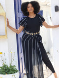 Black & Grey Stripes Double Sleeve Bodysuit and Sarong