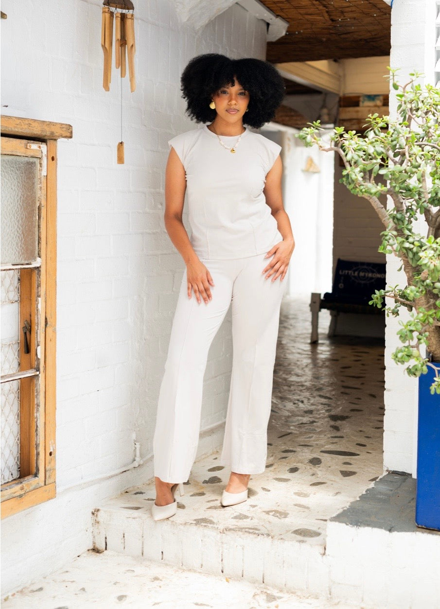 Beige Sleeveless Top & Wide-Leg Pants Co-Ord Set