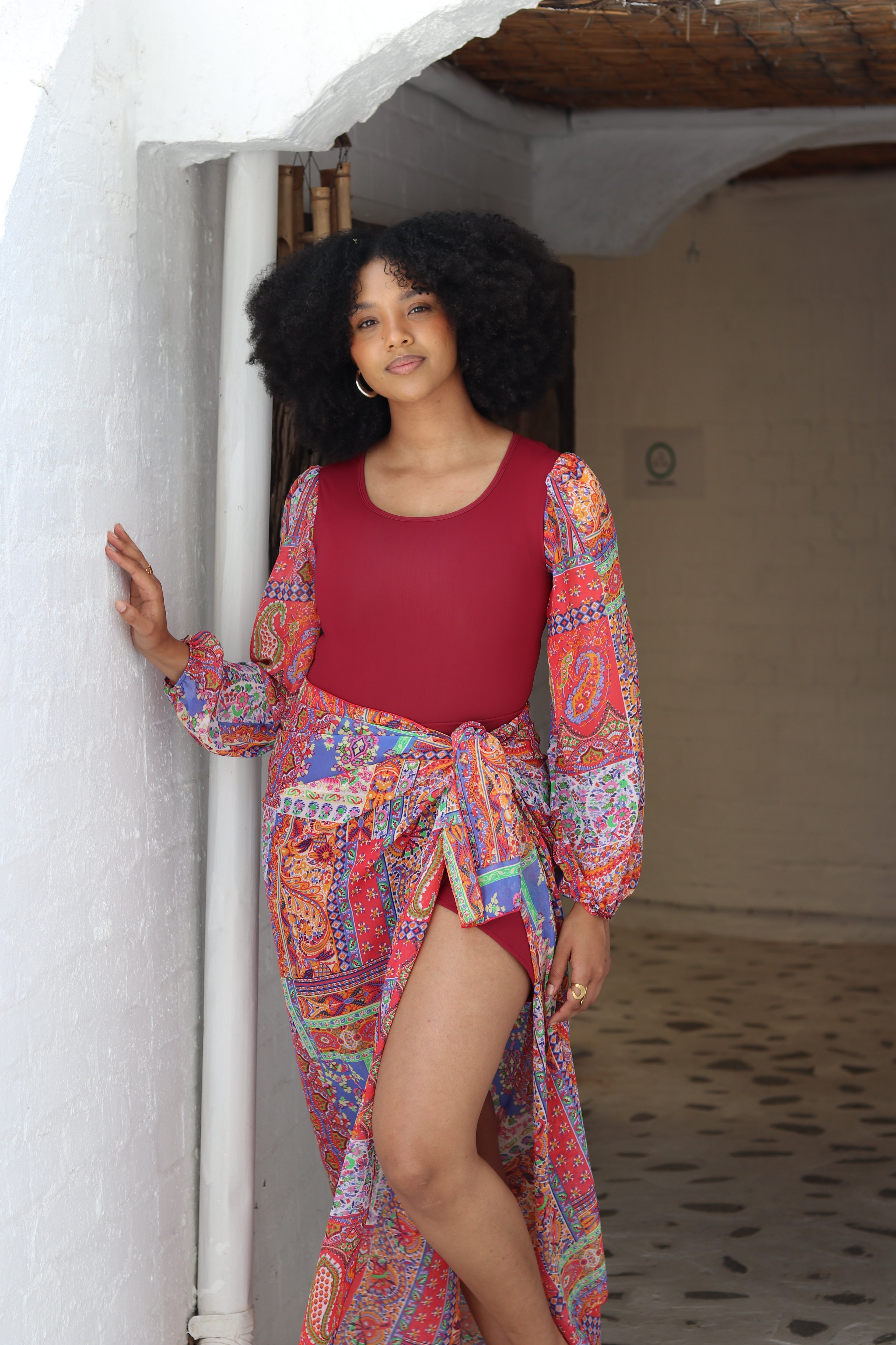 Maroon Bubble sleeve bodysuit and sarong