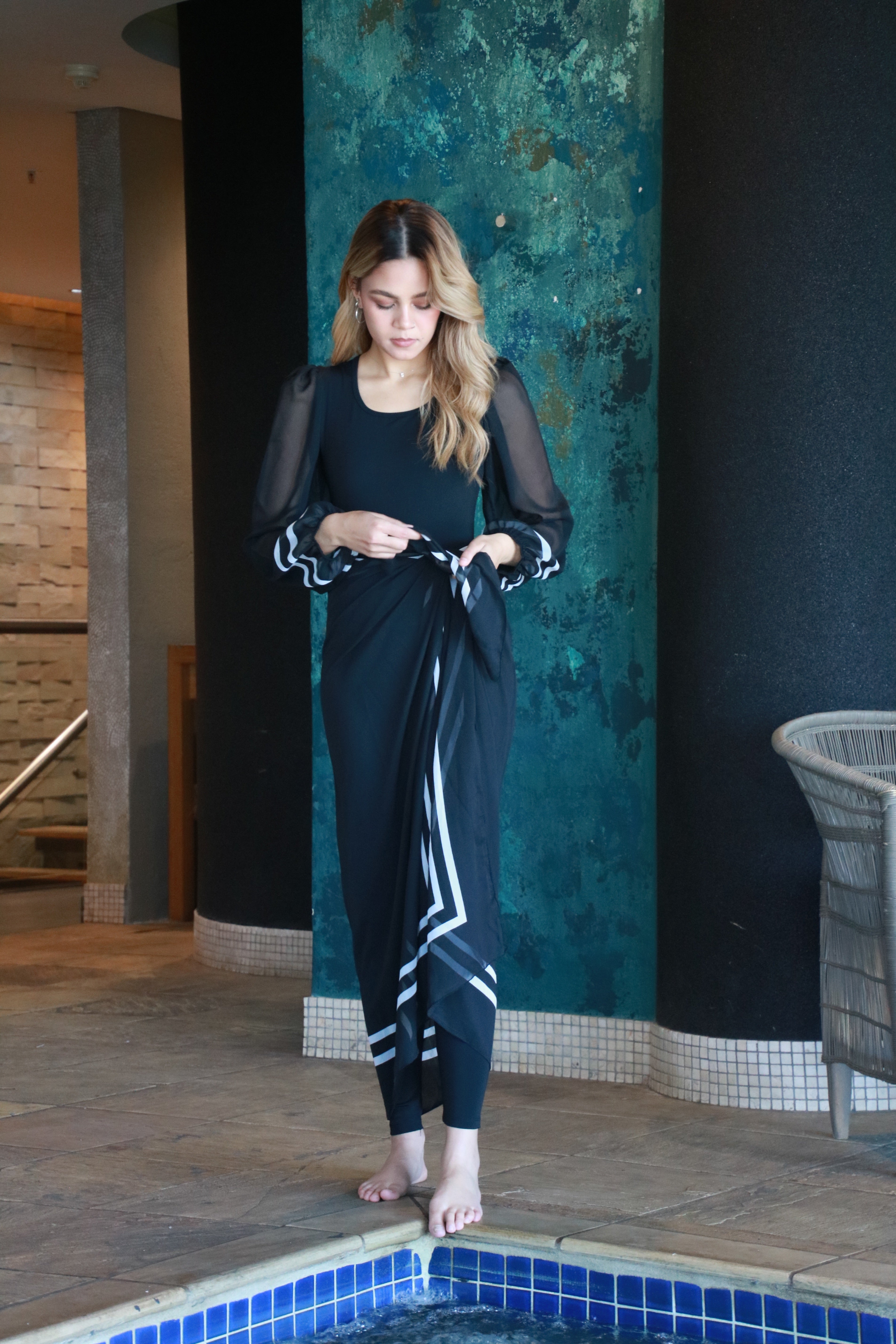 Black Bubble Sleeve Bodysuit with sarong