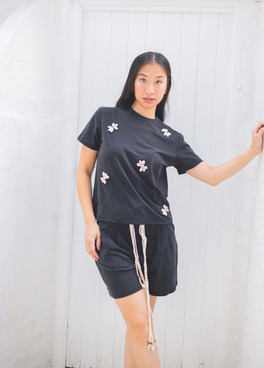 Black Shell Detailed Top and Short Set