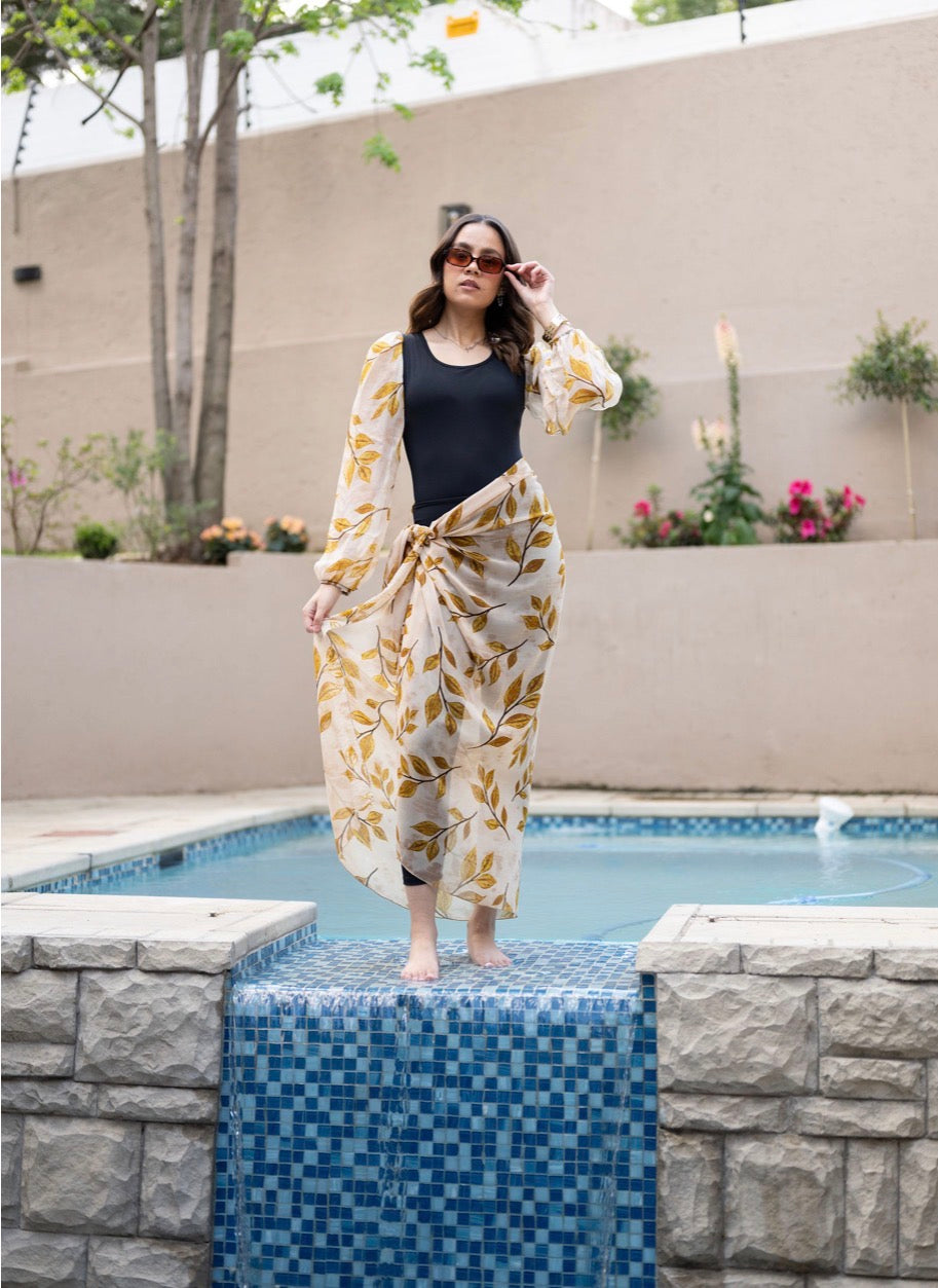 Golden Leaf Bubble Sleeve Bodysuit (Incl. Sarong)