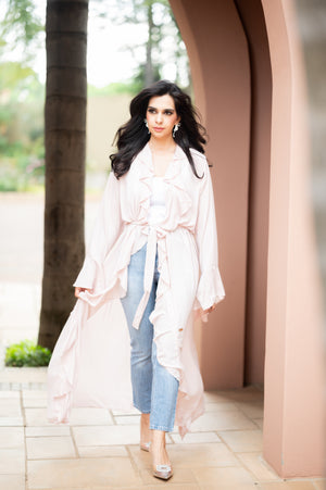 Frill abaya with bell sleeves, pink