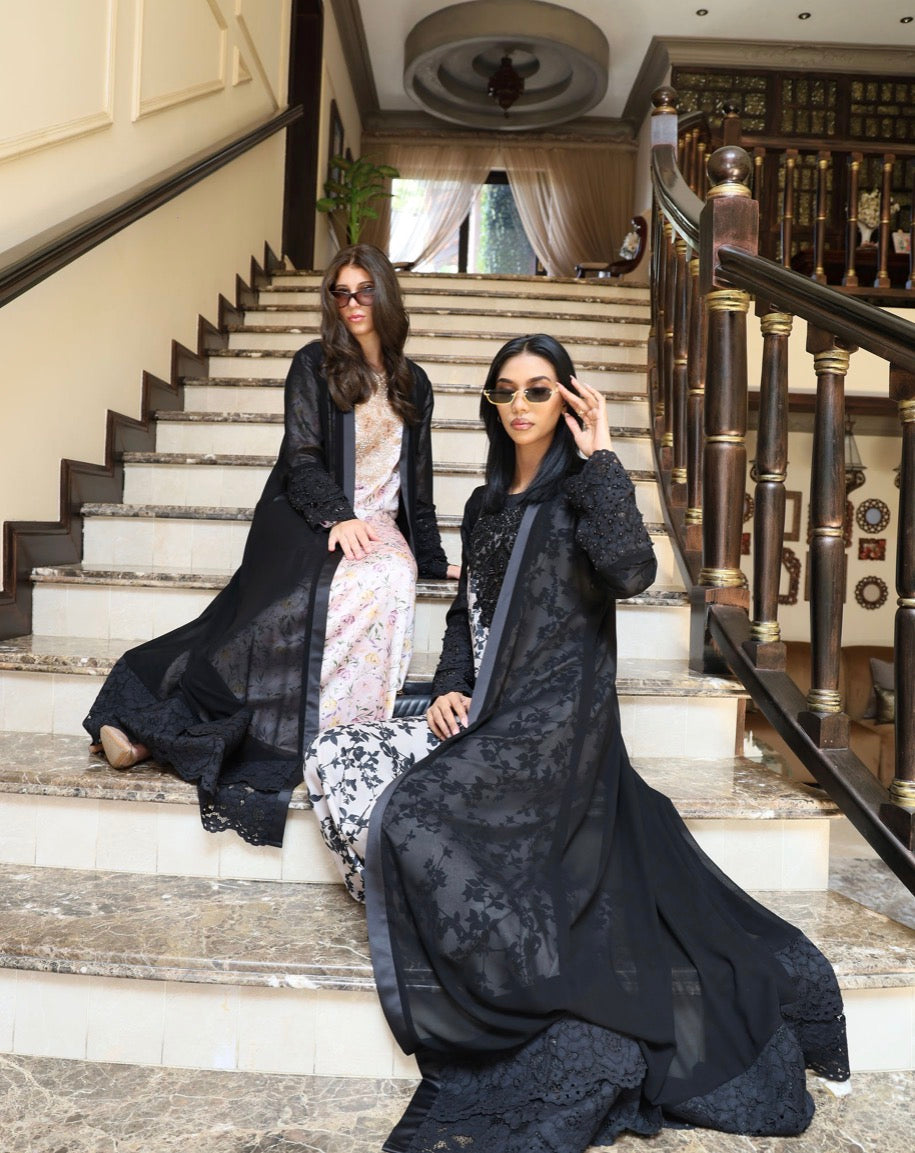 Black Satin Chiffon Abaya with Beaded Lace Sleeve Detail