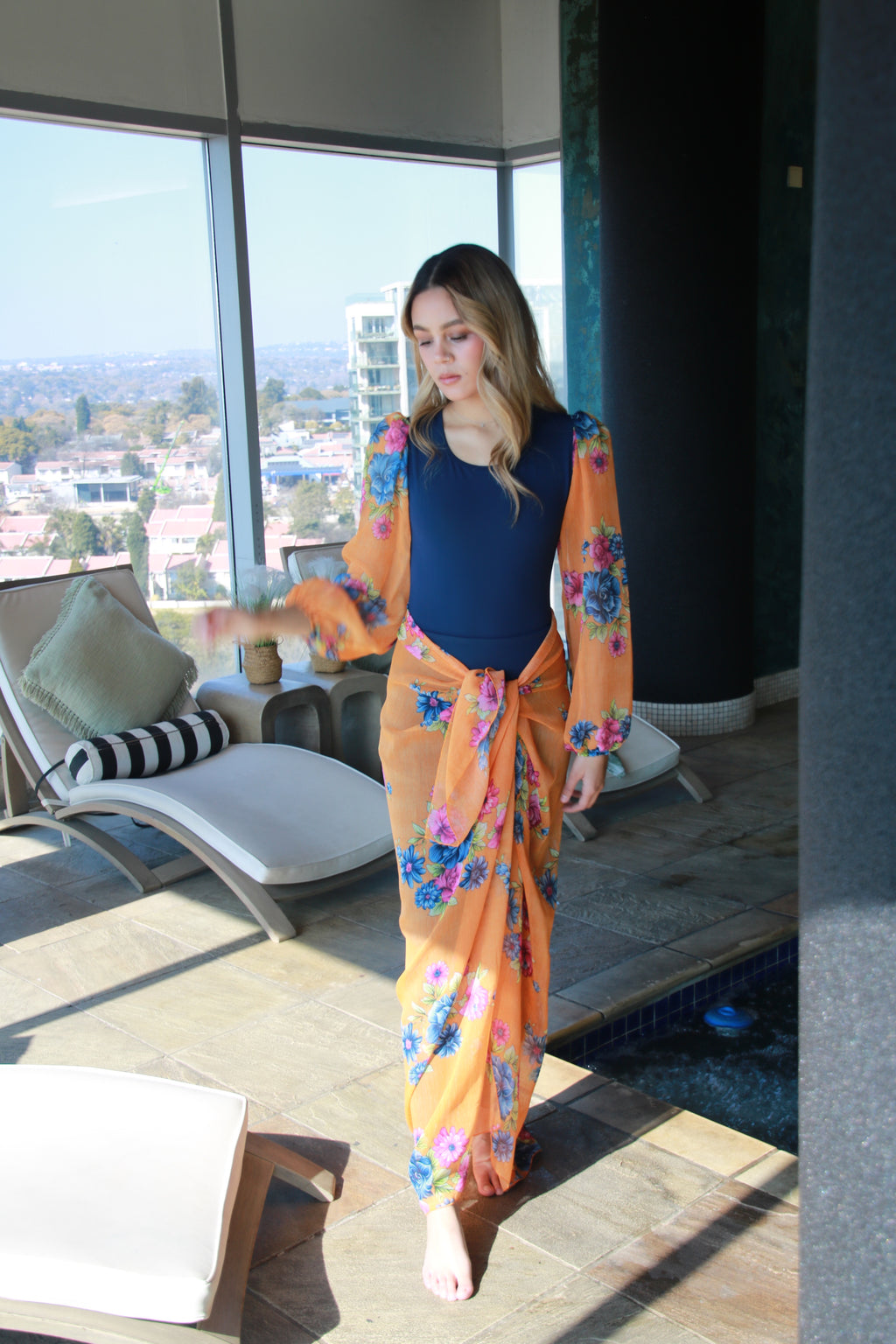 Orange and Navy Bubble Sleeve Bodysuit with Sarong