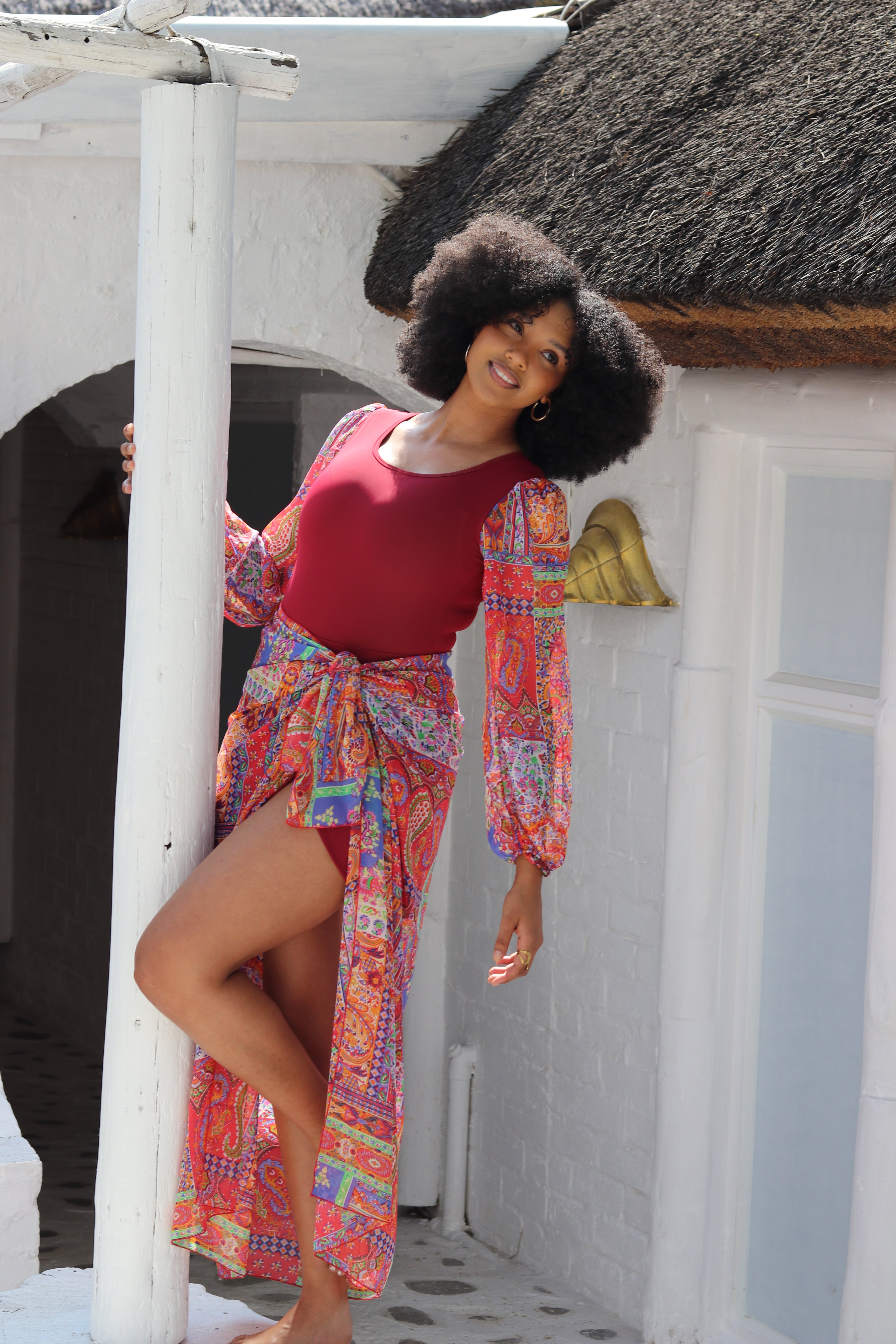 Maroon Bubble sleeve bodysuit and sarong