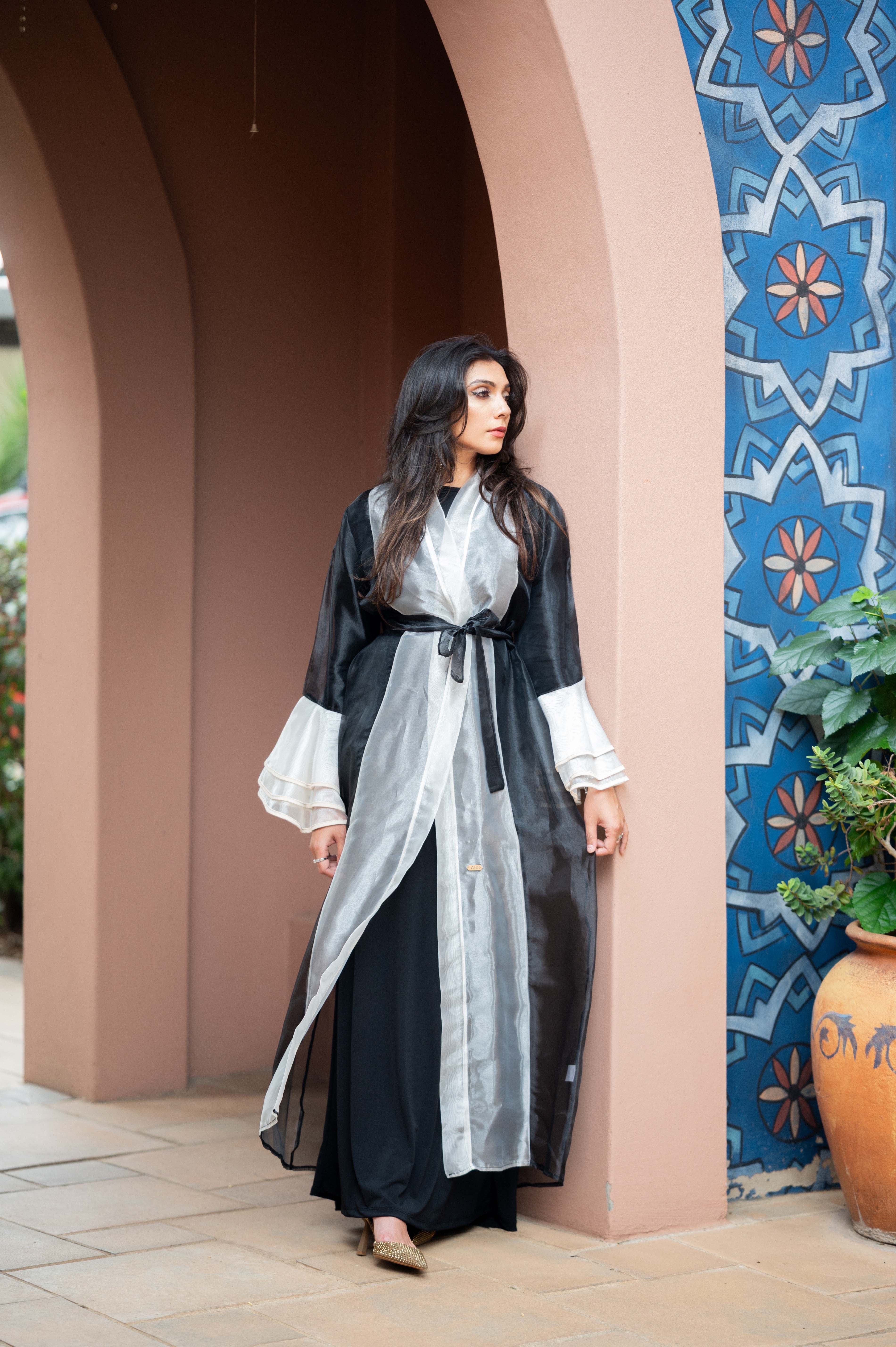 Black organza abaya with cream detailing