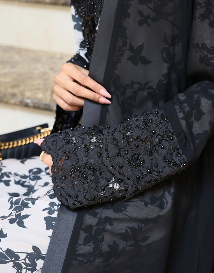 Black Satin Chiffon Abaya with Beaded Lace Sleeve Detail