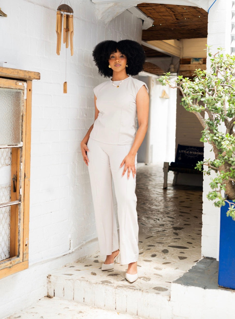 Beige Sleeveless Top & Wide-Leg Pants Co-Ord Set