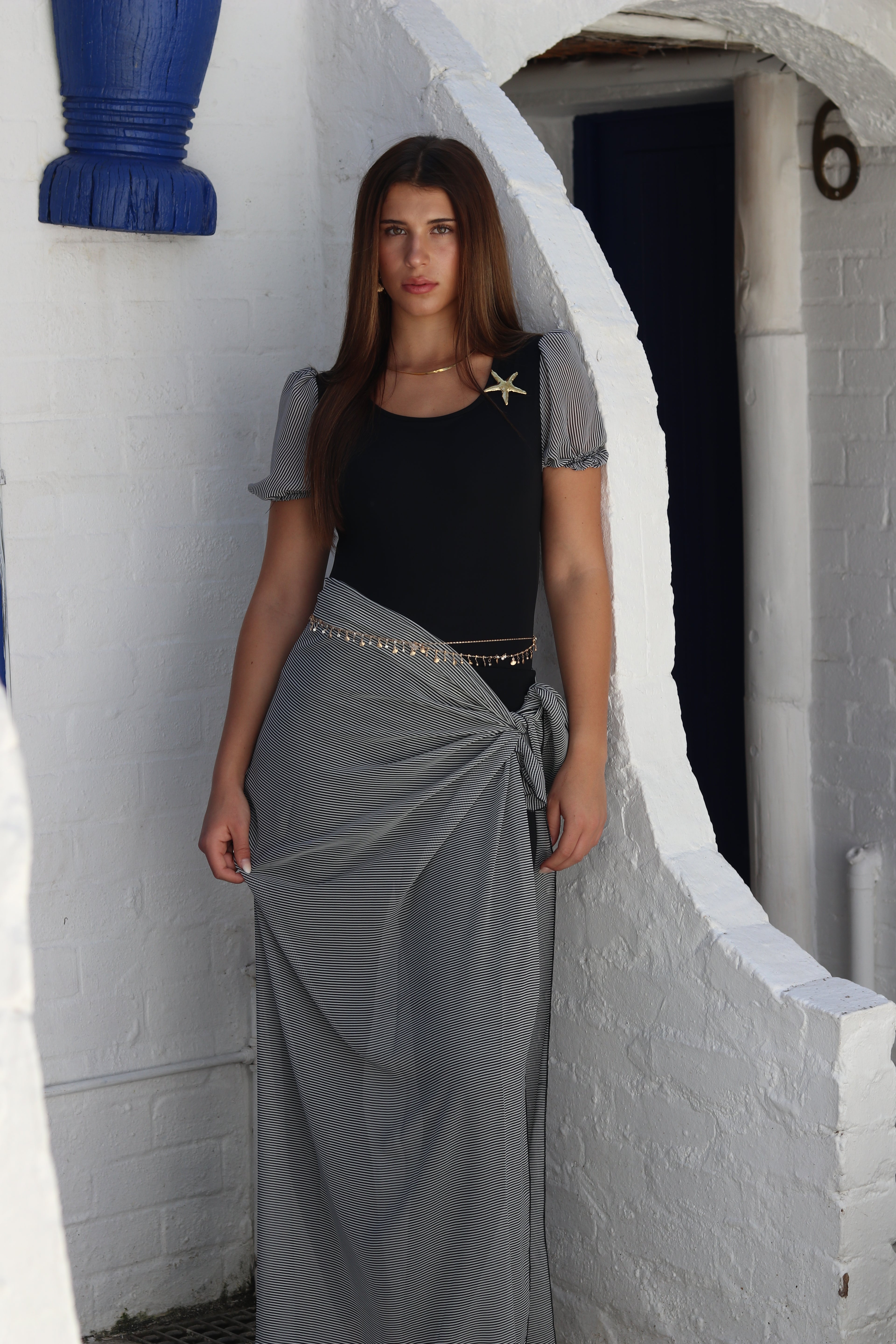 Pinstripe Short Bubble Sleeve with Sarong