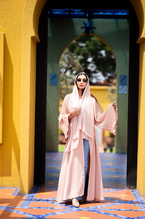 Pleated sleeve abaya, peach tone