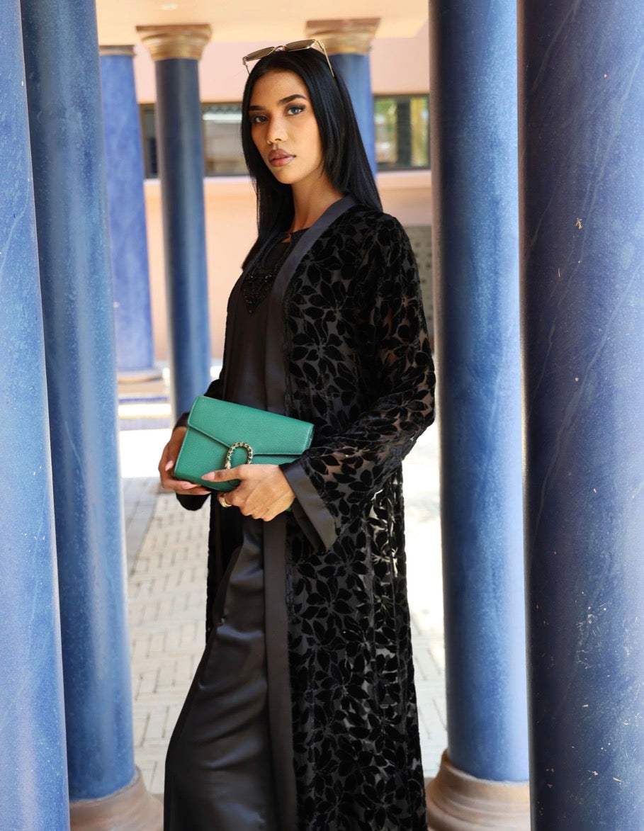 Black Velvet Embossed Abaya with satin beaded top and pants set