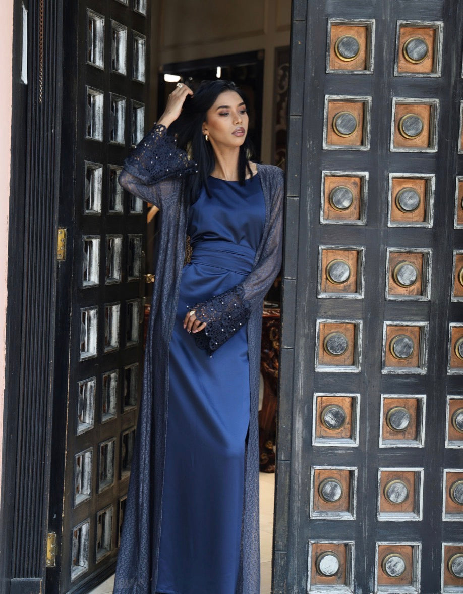 Dark Grey Lace Abaya with beaded Lace Sleeves incl Navy Inner