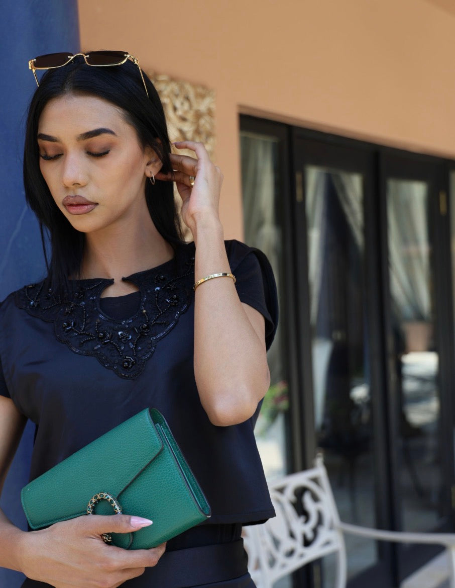 Black Velvet Embossed Abaya with satin beaded top and pants set