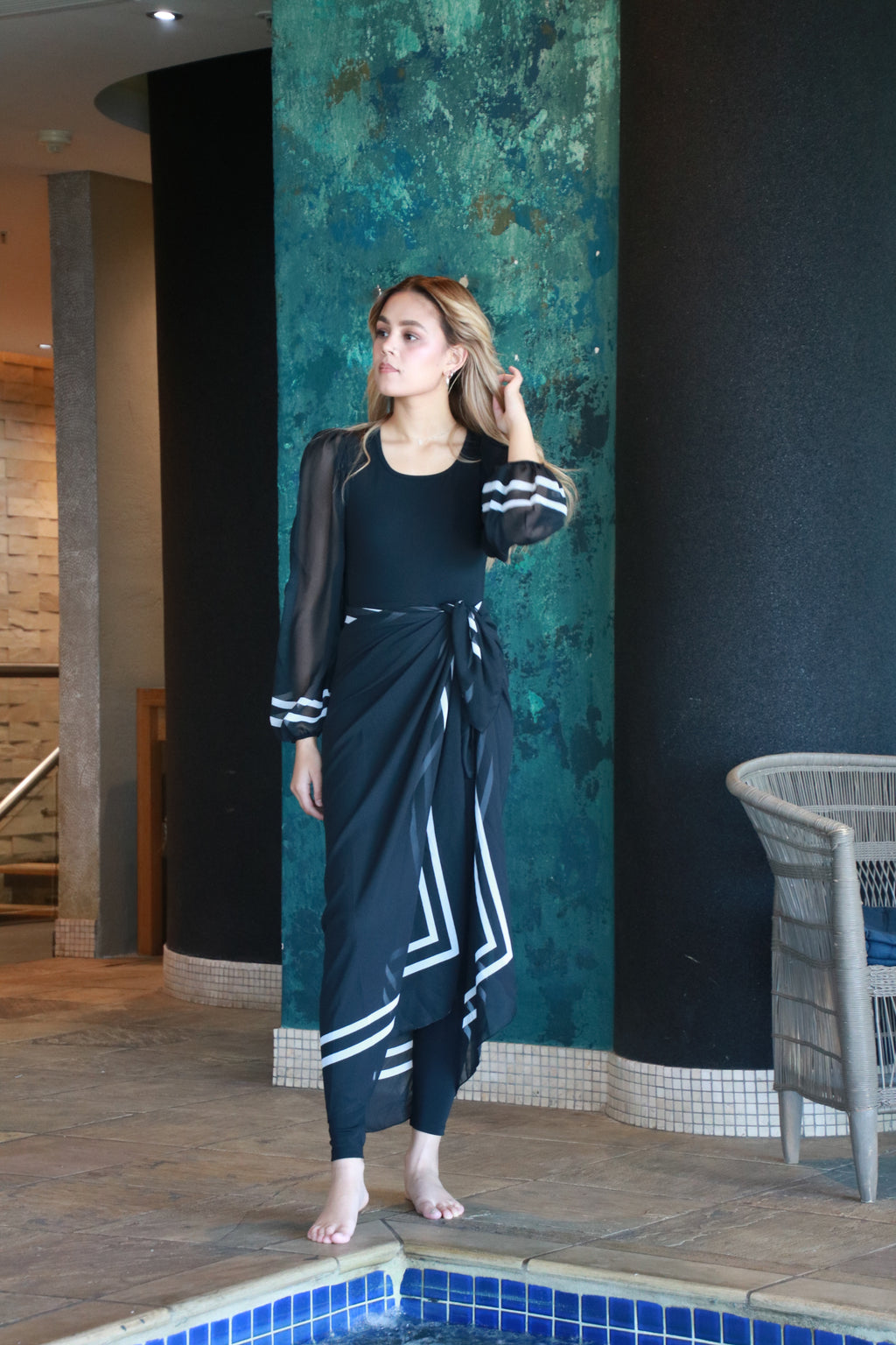 Black Bubble Sleeve Bodysuit with sarong