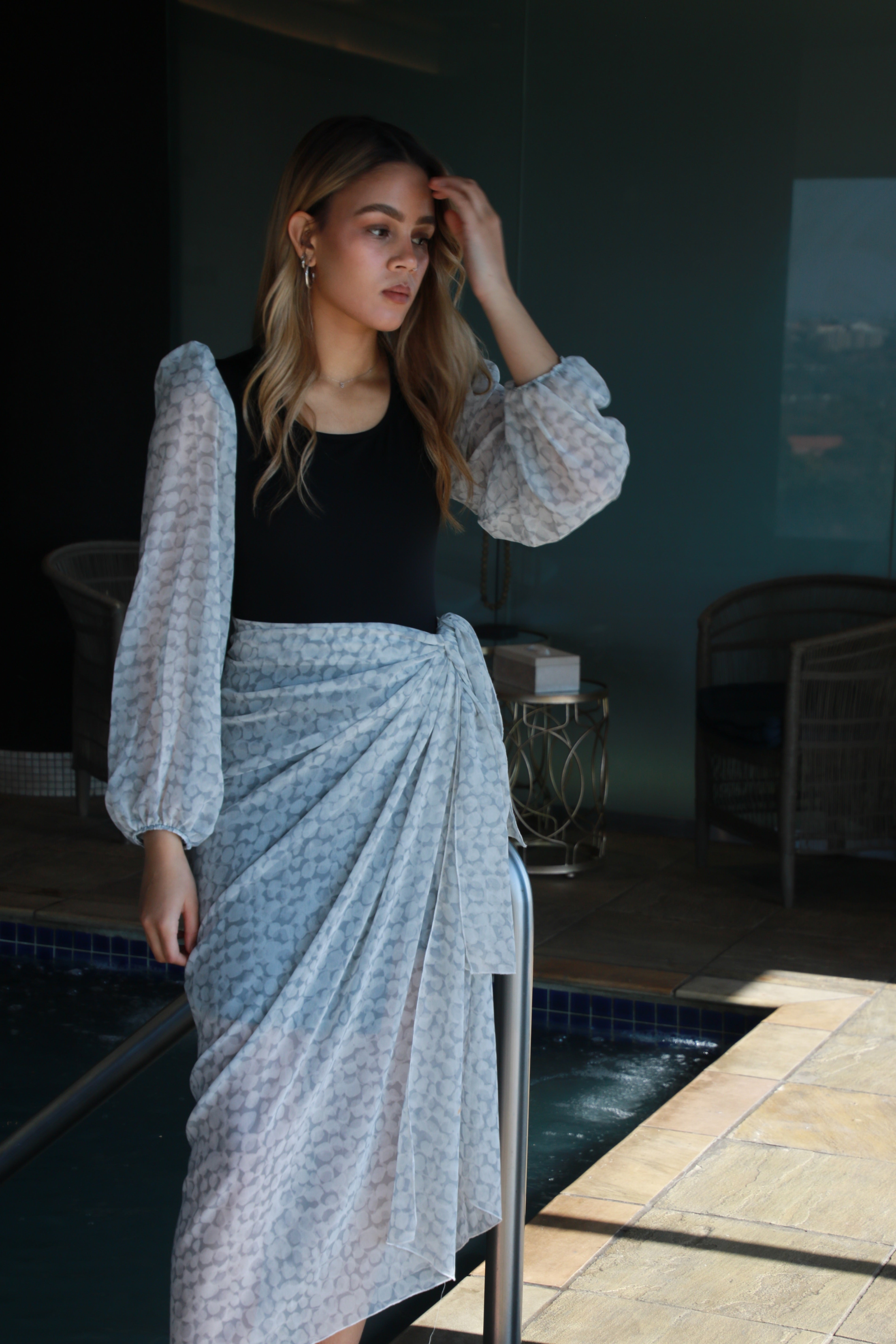 Grey and Black Bubble sleeve Bodysuit with Sarong