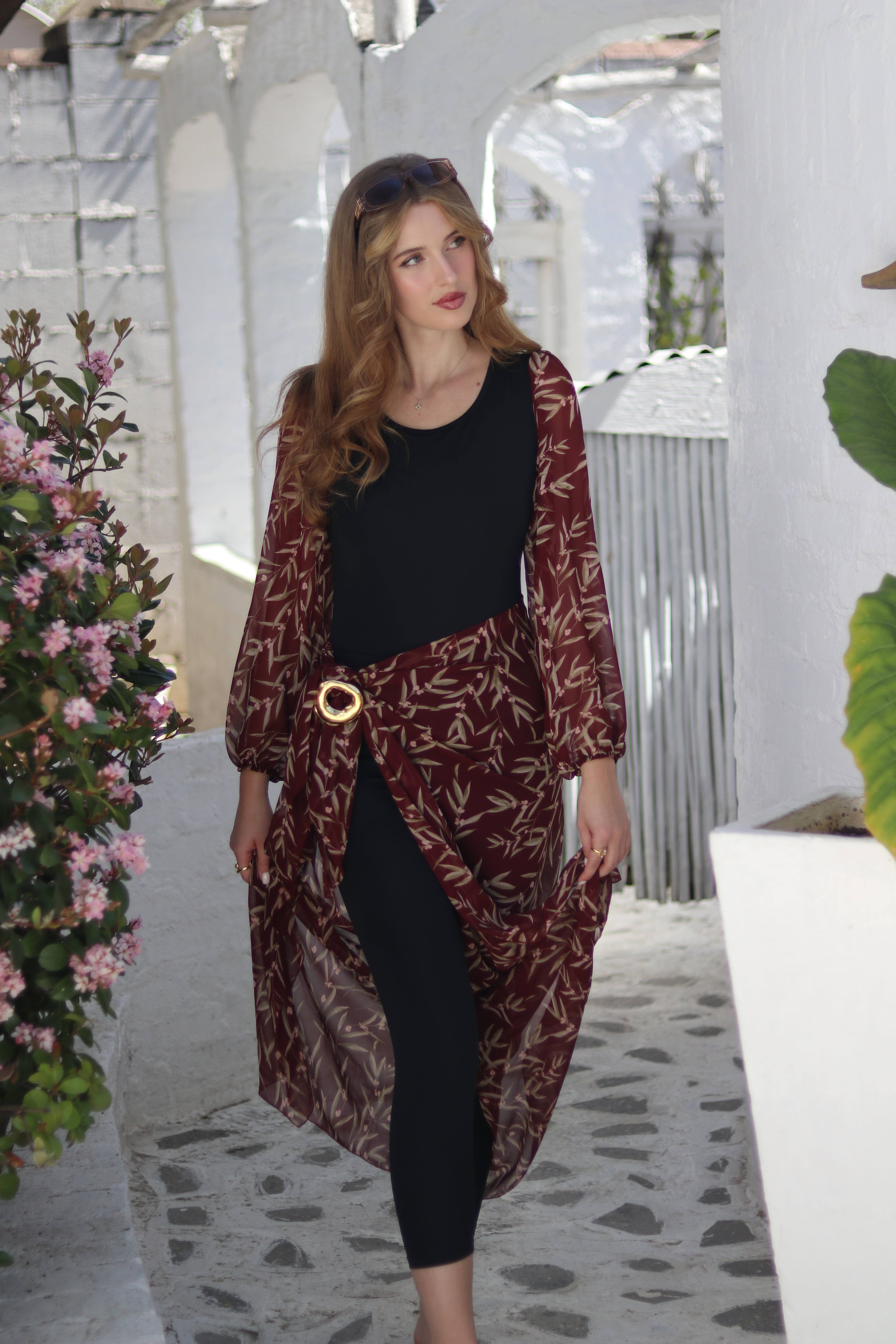 Botanical Burgundy Long Bubble Sleeve with Sarong