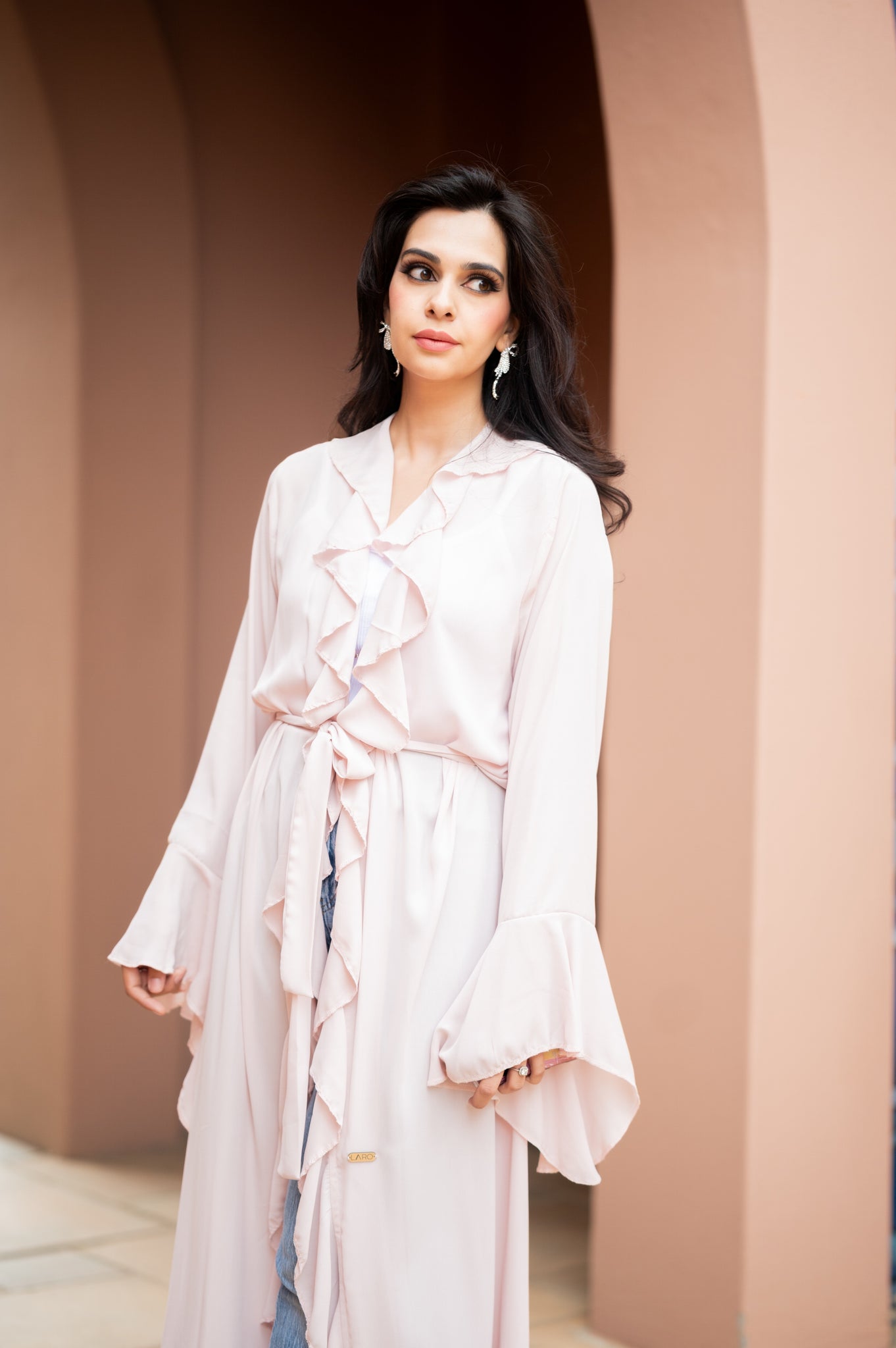 Frill abaya with bell sleeves, pink
