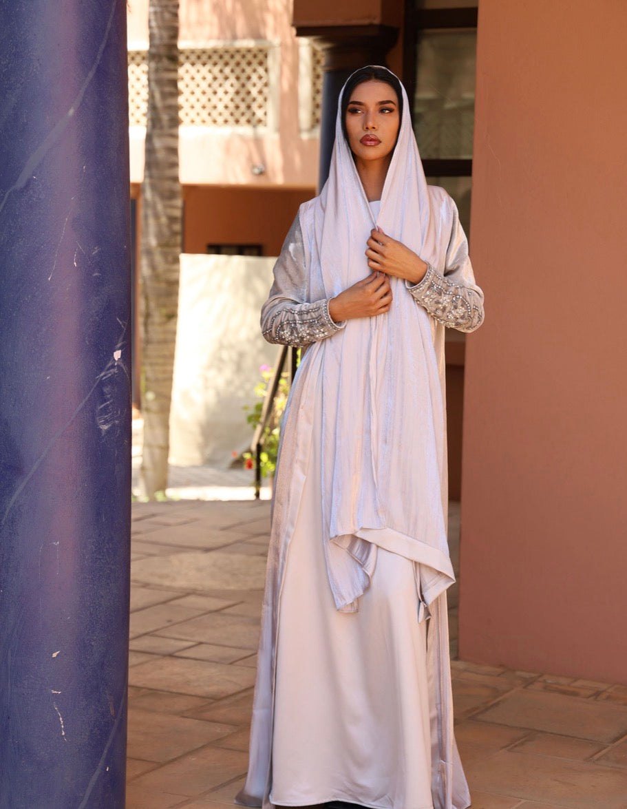 Silver Velvet Abaya with Beaded Sleeves, incl. Inner