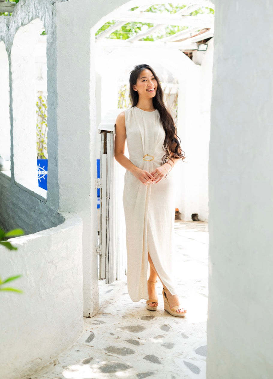 Beige Linen Buckle Dress