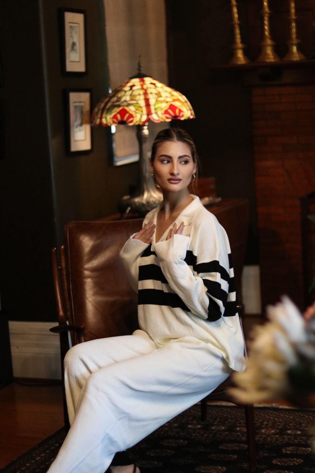 Collared Striped Top Tracksuit cream and black